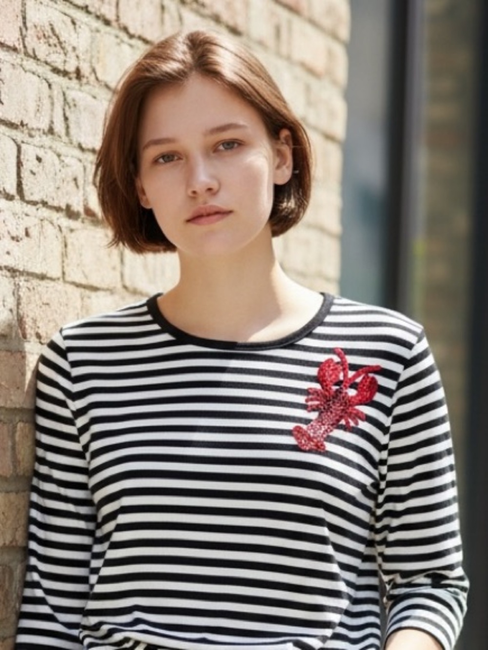 QUACKER FACTORY STRIPED SEQUIN LOBSTER 3/4 SLEEVE TEE Size L Black White Red